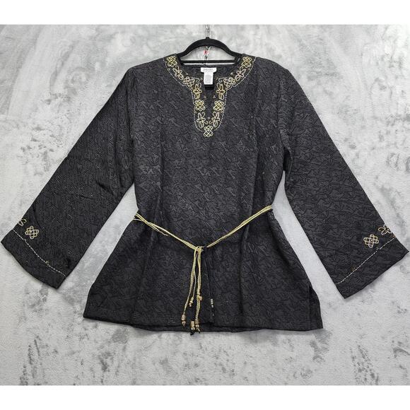 Vintage Graff Beaded Embroidered Tie Rope Belted Tunic Top Size L Black Gold - Picture 1 of 12